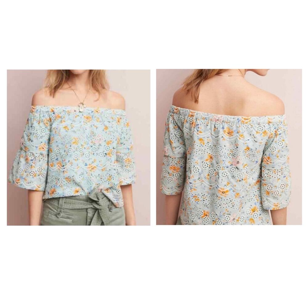LAIA Eyelet Ditsy Floral Blouse Bohemian Off-Shoulder Tiered Wide Sleeves